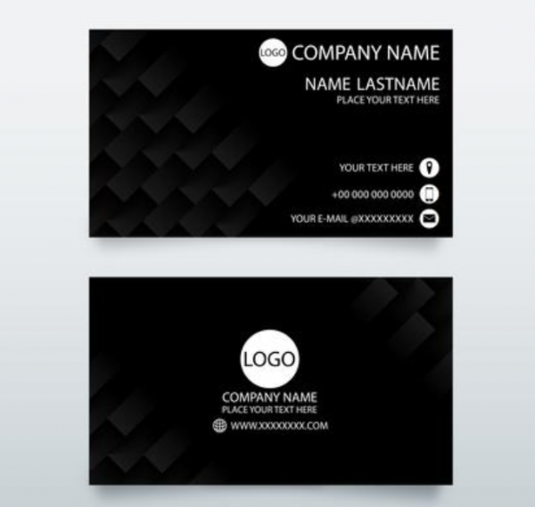 Kartu nama dengan latar belakang hitam dan emboss teks perusahaan